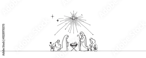 Baby Jesus lying in a manger in a stable. Biblical nativity scene. One line drawing. Vector illustration