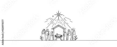 Baby Jesus lying in a manger in a stable. Biblical nativity scene. One line drawing. Vector illustration