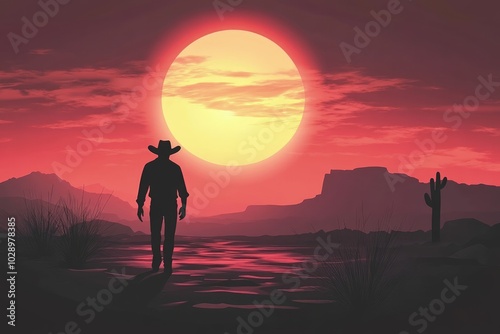 Wild West Scene with Man Walking Towards Horizon Silhouetted Against Massive Setting Sun and Warm Evening Sky