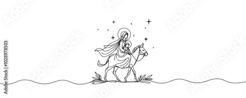 Baby Jesus lying in a manger in a stable. Biblical nativity scene. One line drawing. Vector illustration