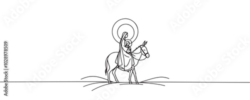 Baby Jesus lying in a manger in a stable. Biblical nativity scene. One line drawing. Vector illustration