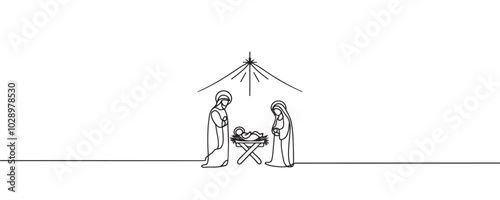 Baby Jesus lying in a manger in a stable. Biblical nativity scene. One line drawing. Vector illustration