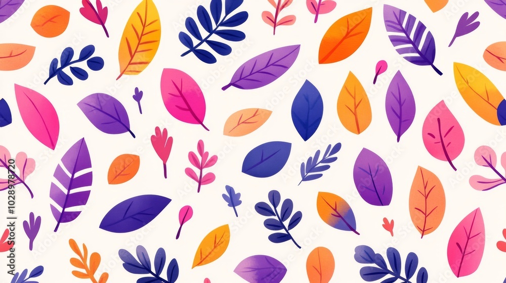 A colorful pattern of leaves is displayed on a white background. The leaves are of various sizes and colors, creating a vibrant and lively atmosphere. Concept of nature and the beauty of the outdoors A colorful pattern of leaves is displayed on a white background. The leaves are of various sizes and colors, creating a vibrant and lively atmosphere. Concept of nature and the beauty of the outdoors