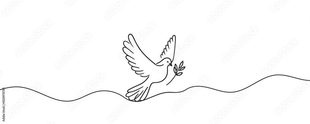 dove flying with olive branch, one line, vector illustration