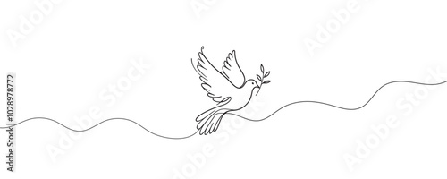 dove flying with olive branch, one line, vector illustration
