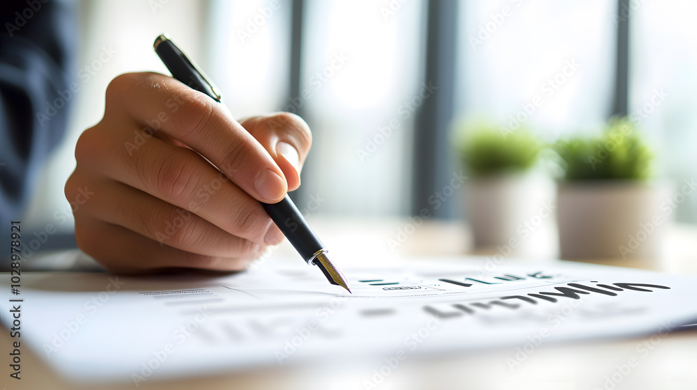 Hand holding a pen over a business plan document strategies Hand holding a pen over a business plan document strategies