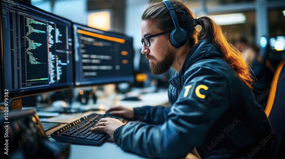 Focused programmer at a desk coding on multiple computer screens with headphones and glasses in a modern office setting, displaying lines of code and technical interfaces. Focused programmer at a desk coding on multiple computer screens with headphones and glasses in a modern office setting, displaying lines of code and technical interfaces.