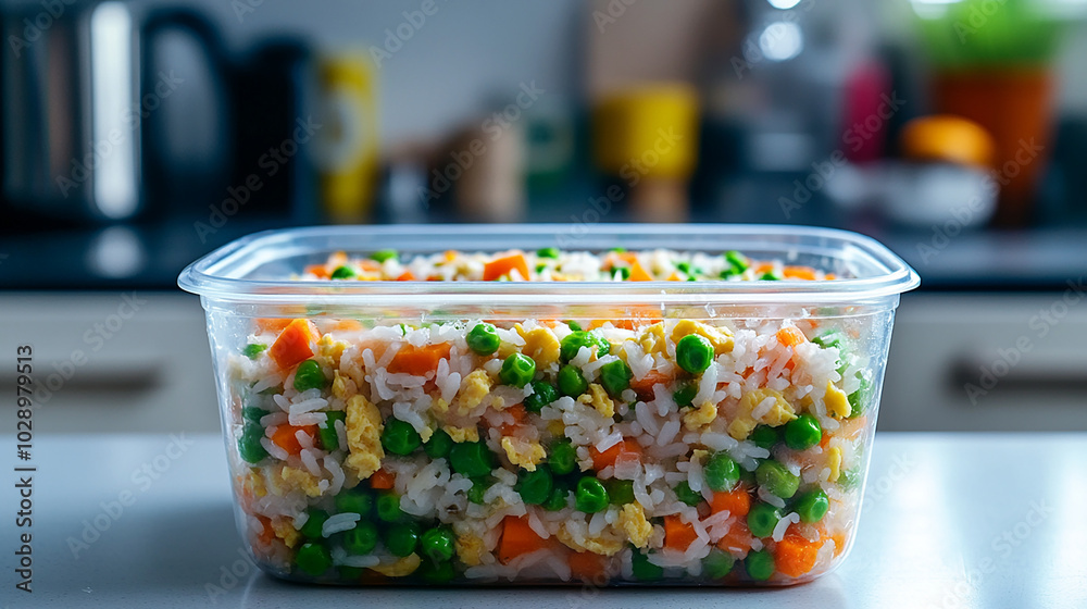 Frozen fried rice packed in a clear Tupperware. Frozen fried rice packed in a clear Tupperware.