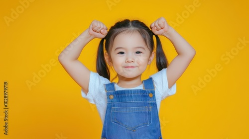 Cheerful young girl with pigtailed hair celebrating against a vibrant yellow background showcasing joy and positivity photo