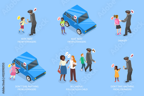 3D Isometric Flat Vector Illustration of Kidnapping Awareness For Children, How to Recognize Signs Of Potential Danger And Prevent Abduction