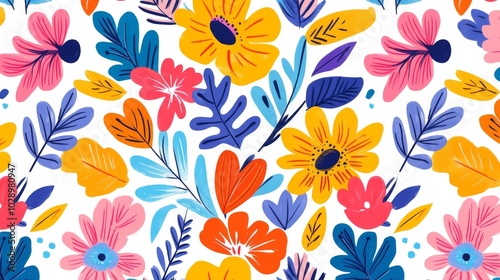 A colorful floral pattern with a blue and yellow flower in the center. The flowers are arranged in a way that creates a sense of movement and energy. Scene is cheerful and uplifting