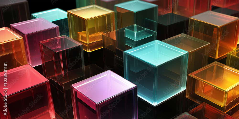 Layered Geometric Blocks in Transparent and Solid Colors on Black Background in 3D Layered Geometric Blocks in Transparent and Solid Colors on Black Background in 3D