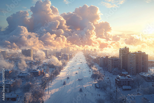 Winter sunset over a snowy cityscape featuring vibrant clouds