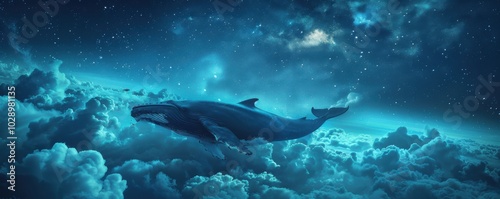 Enchanted whale swimming among the clouds under a starlit sky, 4K hyperrealistic photo