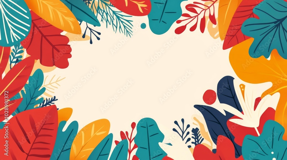 A colorful leafy background with a white frame. The background is filled with various shades of green, red, and yellow leaves. The white frame adds a sense of contrast A colorful leafy background with a white frame. The background is filled with various shades of green, red, and yellow leaves. The white frame adds a sense of contrast