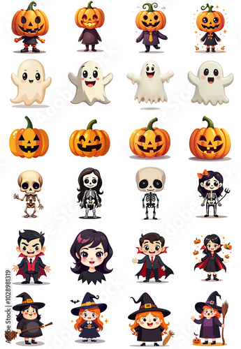 Collection of 24 isolated halloween characters with no background. Set of cute creatures including ghost, witch, grim reaper, pumpkin, monster and vampire