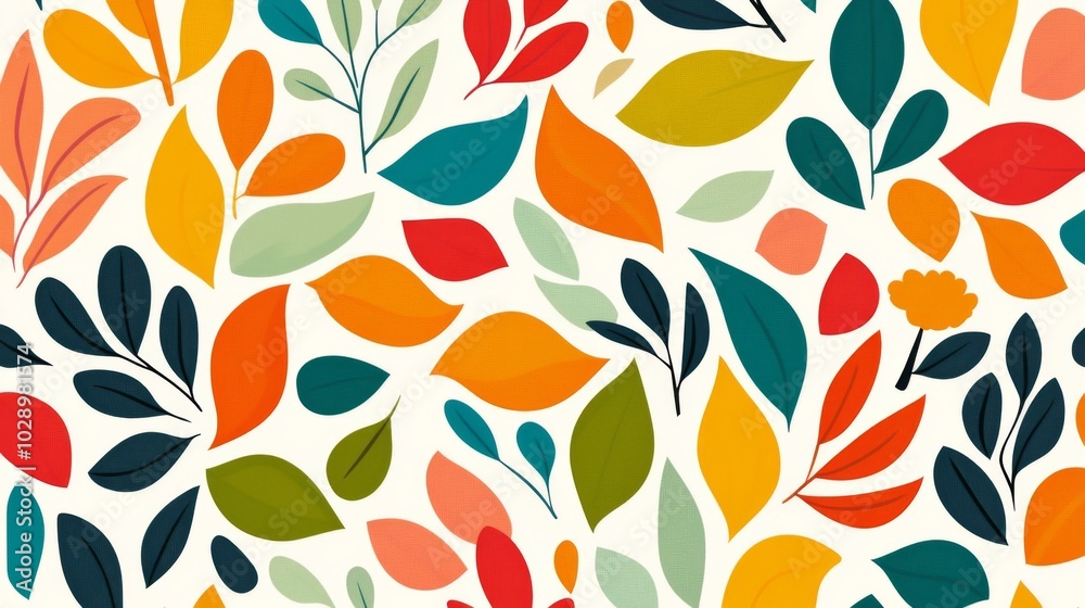 A colorful leafy pattern with a variety of colors and shapes. The image is a beautiful and vibrant representation of nature
