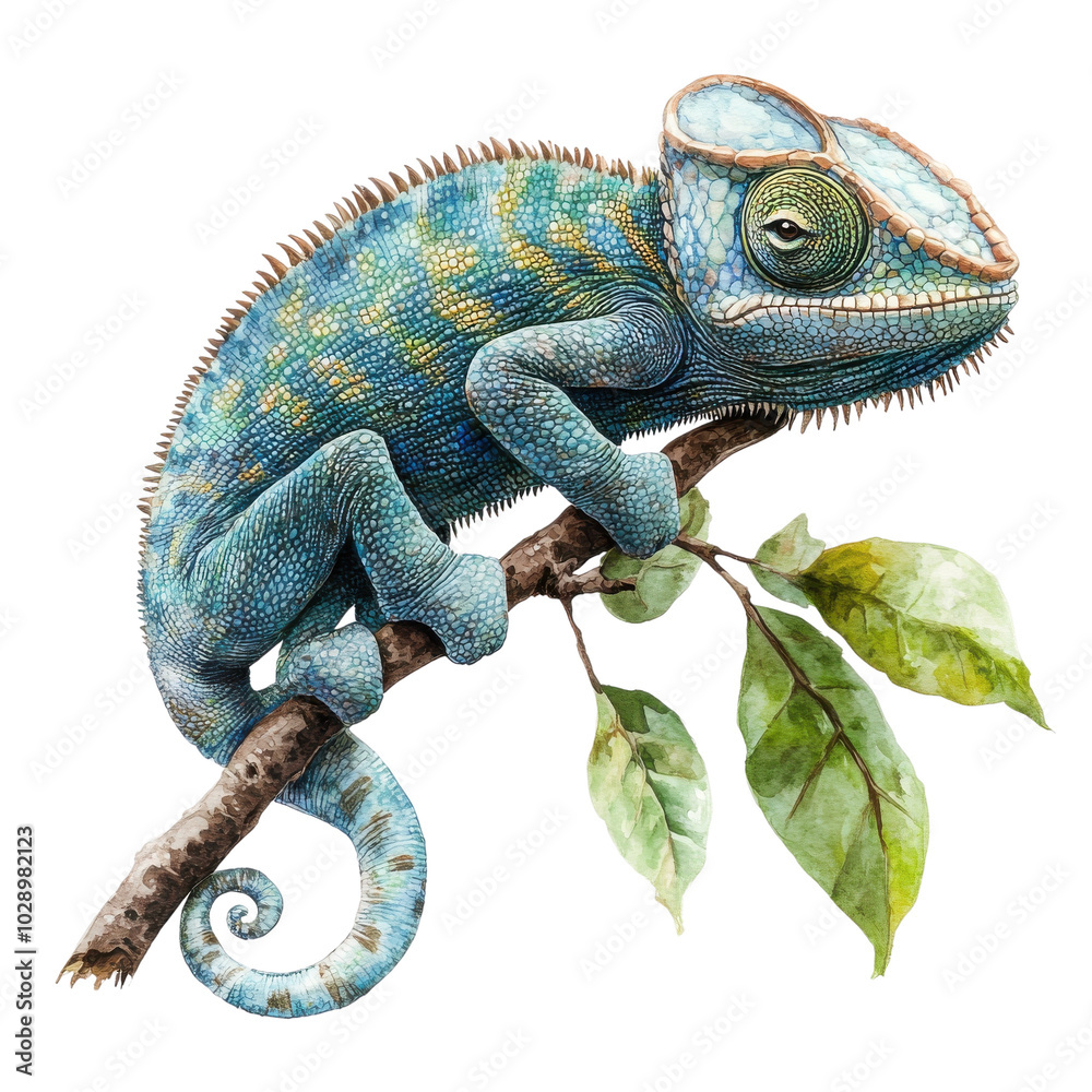 Obraz premium Colorful chameleon perched on a branch with green leaves, white isolated background.