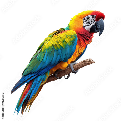 Colorful parrot perched on a branch, vibrant plumage, isolated on white background.