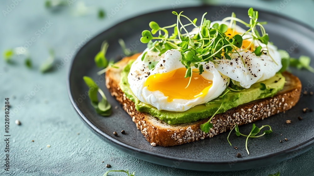 Avocado toast with poached egg on plate. Avocado toast with poached egg on plate.