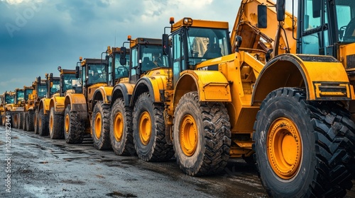 A fleet of heavy machinery parked and ready for deployment. photo