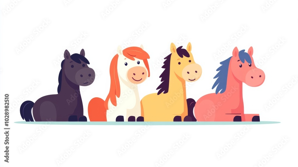 Four horses are sitting in a row, with one of them being a brown horse. The other three horses are white, yellow, and pink. The scene is a cute and colorful representation of horses