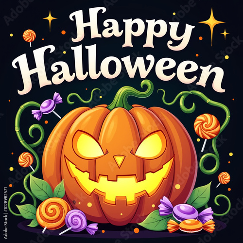 Happy Halloween Cartoon Illustration with Vibrant Design, Glowing Pumpkin, Candy Vines, and Festive Text Poster