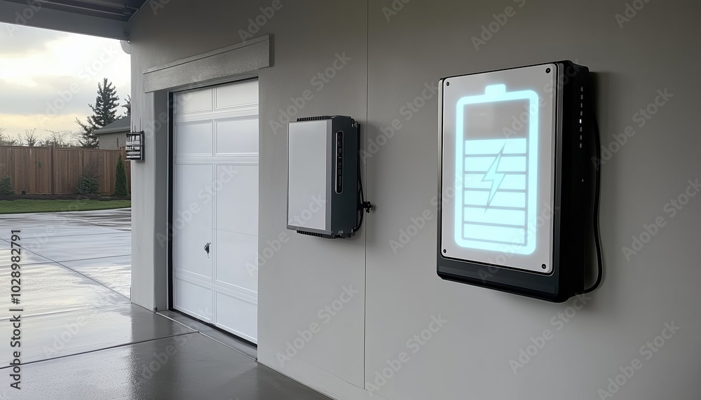A modern garage wall installation showcases a solar inverter and battery, highlighting innovative energy solutions and efficient power storage for sustainable living. A modern garage wall installation showcases a solar inverter and battery, highlighting innovative energy solutions and efficient power storage for sustainable living.