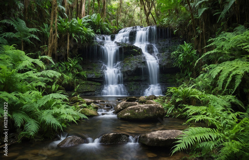 waterfall in a lush jungle setting, surrounded by ferns and rocks