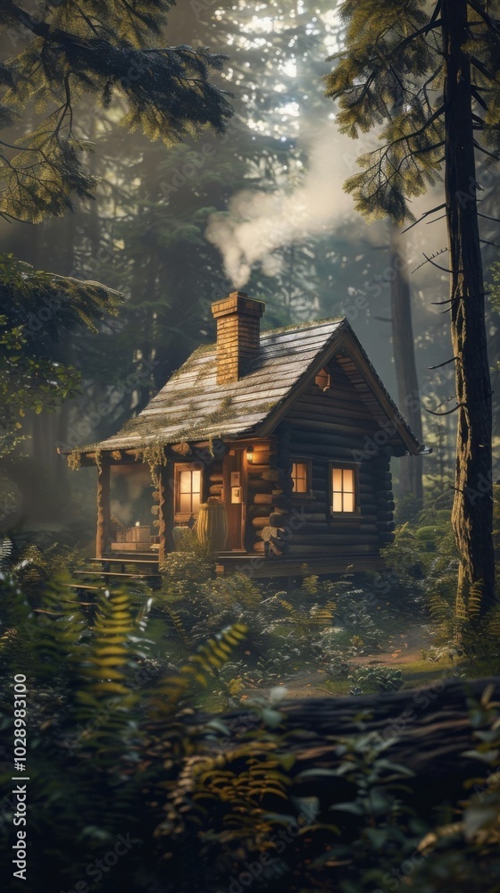 Cozy cabin in the woods with smoke rising from the chimney, 4K hyperrealistic photo Cozy cabin in the woods with smoke rising from the chimney, 4K hyperrealistic photo