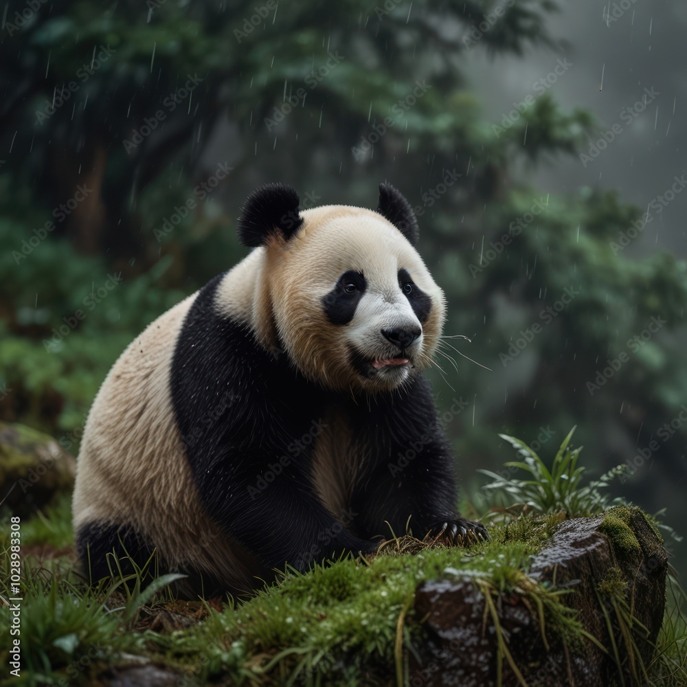 Fototapeta premium A giant panda sitting in a lush green forest during a light rain shower.