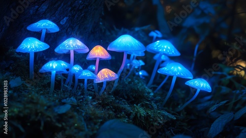 Glowing mushrooms in magical forest