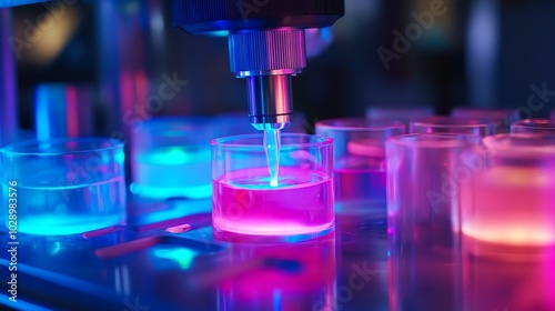 Colorful lab experiment with glowing liquids.