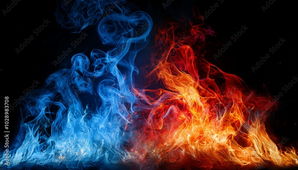 Fototapeta premium 青い炎と赤い炎のコントラスト（blue fire and red fire contrast background） 