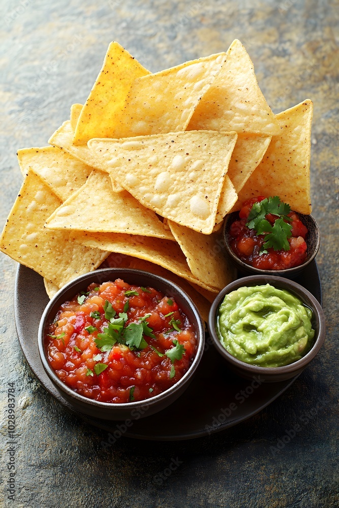 A plate of tortilla chips served with salsa and guacamole, perfect for snacking. A plate of tortilla chips served with salsa and guacamole, perfect for snacking.