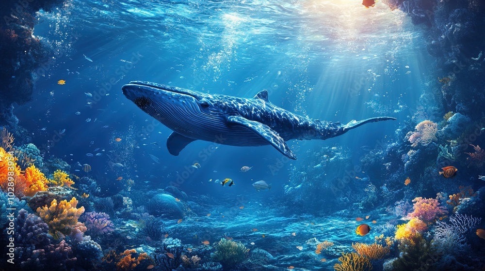 Underwater background of the ocean floor with fish whales Underwater background of the ocean floor with fish whales