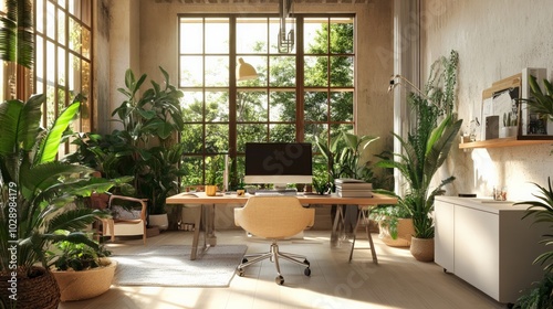 Stylish workspace setup with plants, natural materials, and artistic dÃ©cor, capturing creativity, lifestyle, and a personalized approach to modern business environments