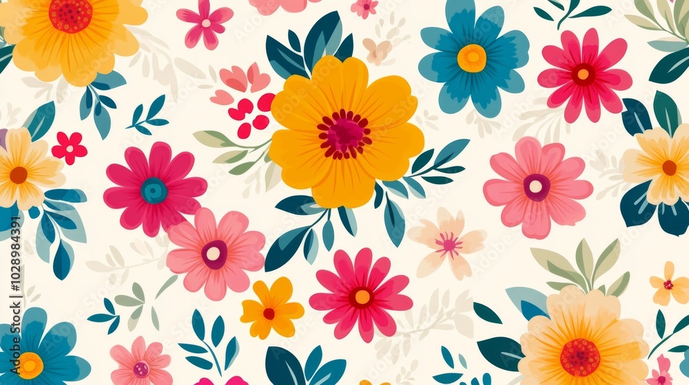 custom made wallpaper toronto digitalA colorful floral pattern with yellow flowers and blue leaves. The flowers are arranged in a way that creates a sense of movement and energy. Scene is cheerful and uplifting, as the bright colors