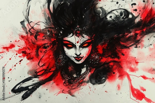 A bold and dynamic watercolor of Goddess Kali, with intense red and black strokes surrounding her figure, her flowing hair and fiery eyes contrasting with the delicate, abstract background photo