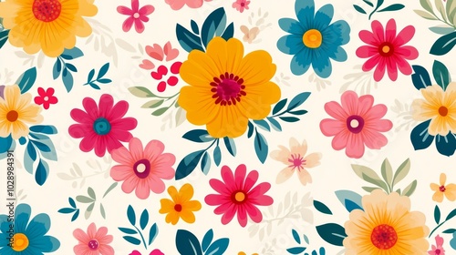 Wallpaper Mural A colorful floral pattern with yellow flowers and blue leaves. The flowers are arranged in a way that creates a sense of movement and energy. Scene is cheerful and uplifting, as the bright colors Torontodigital.ca