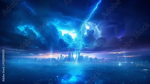 Dramatic lightning strike over a cityscape at night.