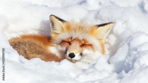 Serene Winter Wildlife: Red Fox Resting in Snow Nest under Cinematic Light