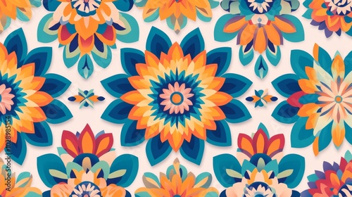 A colorful floral pattern with blue, orange, and green flowers. The flowers are arranged in a way that creates a sense of movement and flow. Scene is vibrant and cheerful