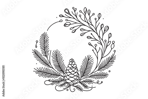Christmas wreath, vector illustration. Continuous line drawing