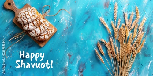 This festive background showcases traditional Shavuot bread displayed on a wooden board accompanied by wheat stalks with a cheerful Happy Shavuot! greeting perfect for holiday messages