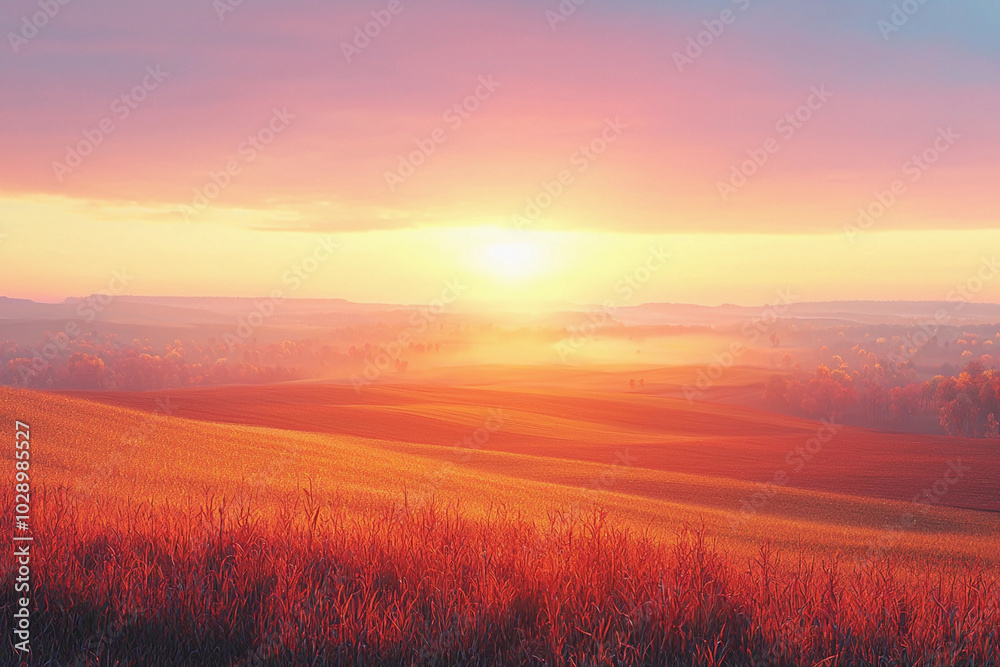 Obraz premium Vibrant sunset over rolling hills with misty valleys in the background