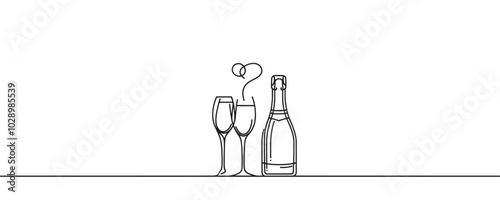 Continuous one line drawing of champagne bottle and glasses. vector illustration