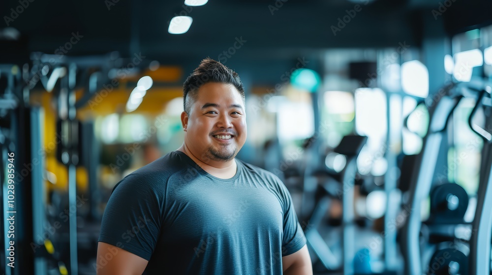 Overweight person starts exercising concept. A happy plump Asian man at the gym ready to work out Overweight person starts exercising concept. A happy plump Asian man at the gym ready to work out