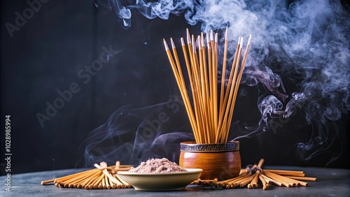 A calming setup featuring aromatic incense sticks with rising smoke in a wooden holder, set against a dark background. Perfect for themes of relaxation, meditation, and spirituality... photo