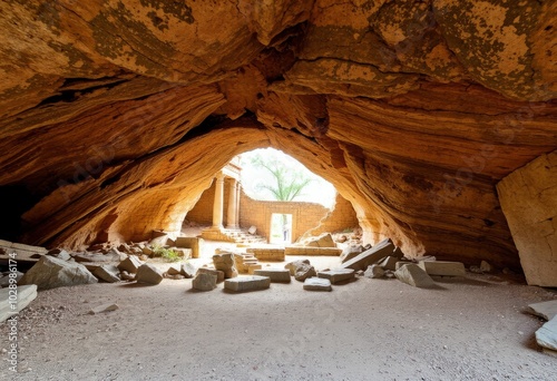 Cave Entrance withAncient Ruins insideMystery and history intert photo